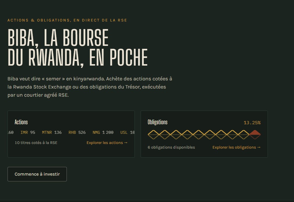Aperçu de l'application Biba : actions et obligations de la Bourse de Kigali.